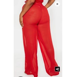 Red Sheer Ruched Waist Wide Leg Pants